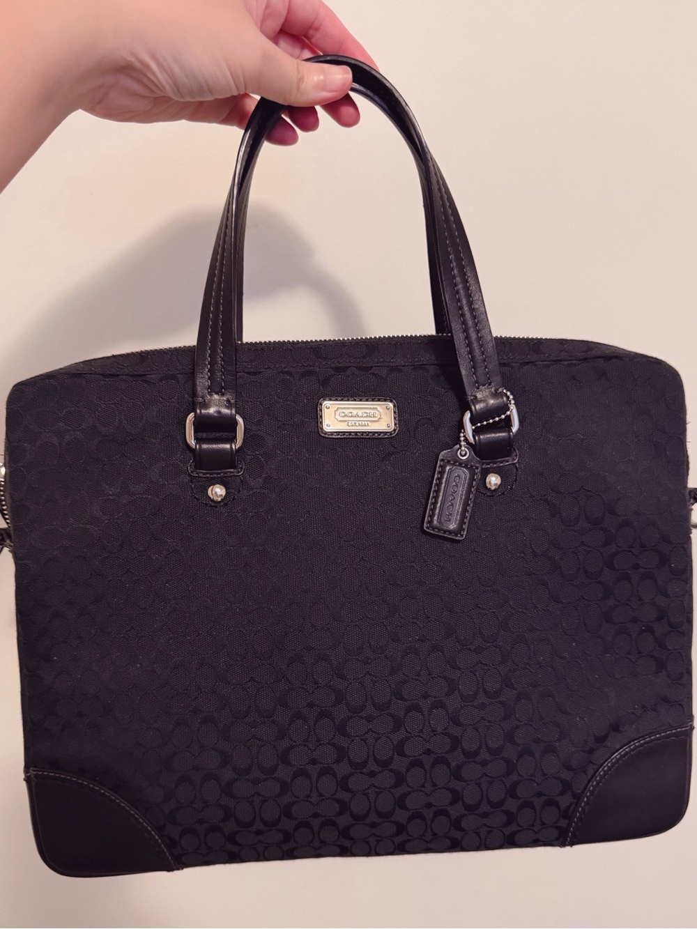 Vintage Coach Black Signature Laptop Bag Canvas Leather Tote Satchel